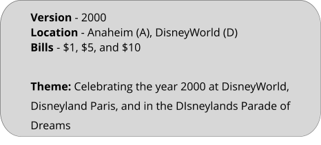 Theme: Celebrating the year 2000 at DisneyWorld, Disneyland Paris, and in the DIsneylands Parade of Dreams Version - 2000	 Location - Anaheim (A), DisneyWorld (D)  Bills	- $1, $5, and $10