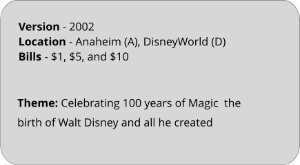 Theme: Celebrating 100 years of Magic  the birth of Walt Disney and all he created Version - 2002	 Location - Anaheim (A), DisneyWorld (D)  Bills	- $1, $5, and $10