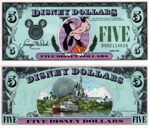 1988 $5  Disney Dollar Series "D"