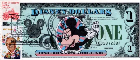 1988 $1 Disney Dollar - First day issue with  postmarked Stamp