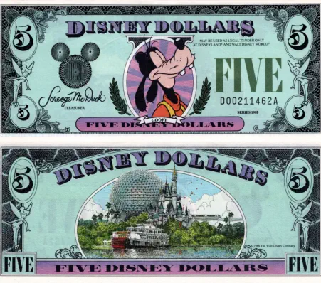 1988 $5  Disney Dollar Series "D"