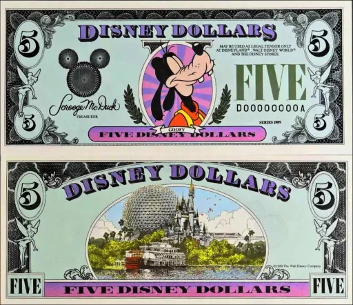 1989 $5  Disney Dollar Series "D"