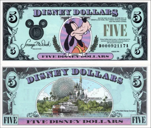 1990 $5  Disney Dollar Series "D"