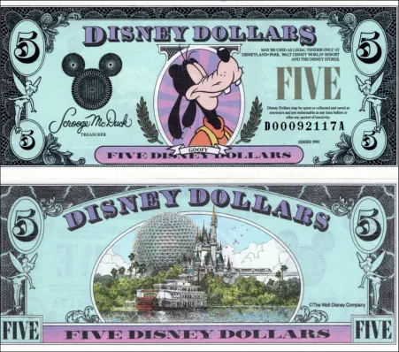 1990 $5  Disney Dollar Series "D"