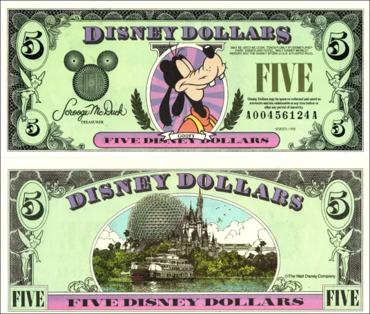 1998 $5 Disney Dollar Series "A" 