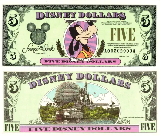 1999 $5 Disney Dollar Series "A" 