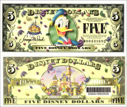 2005 $5 Disney Dollar Series "D" with barcode