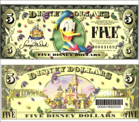 2005 $5 Disney Dollar Series "D" with barcode