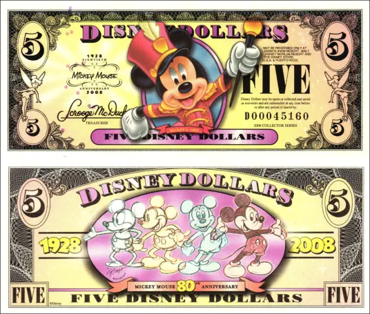 2008 $5 “Circa 1955 Mickey Mouse” Disney Dollar