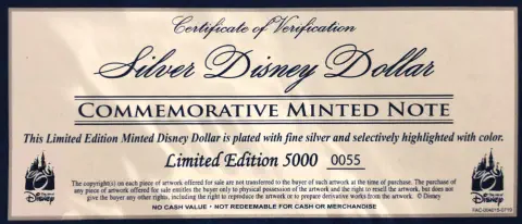 Silver Disney Dollar Certificate of Verification