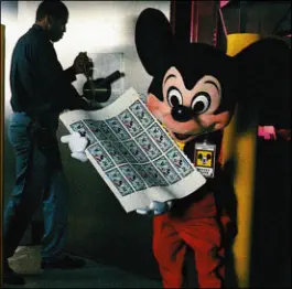 Mickey Mouse carrying the first sheet of 1987 Disney Dollars