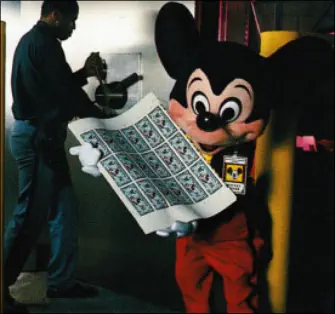Mickey Mouse carrying the first sheet of 1987 Disney Dollars