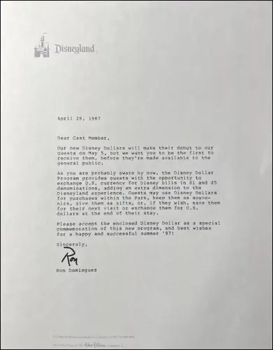 Cast Member Letter - April 29, 1987