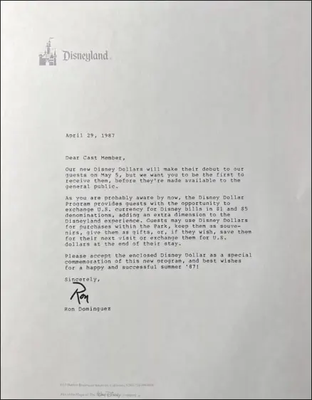 Cast Member Letter - April 29, 1987