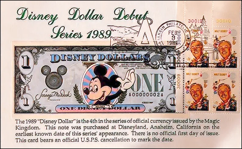 1988 $1 Disney Dollar - First day issue with  postmarked Stamp