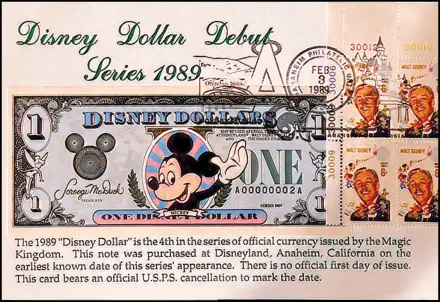 1988 $1 Disney Dollar - First day issue with  postmarked Stamp