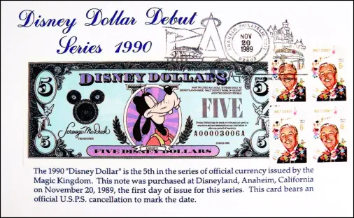 1990 $5 Disney Dollar - First day issue with postmarked Stamp and Card
