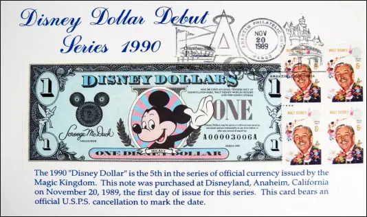 1990 $1 Disney Dollar - First day issue with postmarked Stamp and Card