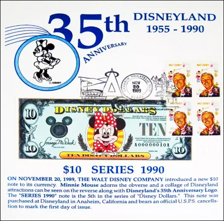 1990 $10 Disney Dollar - First day issue with postmarked Stamp and Card