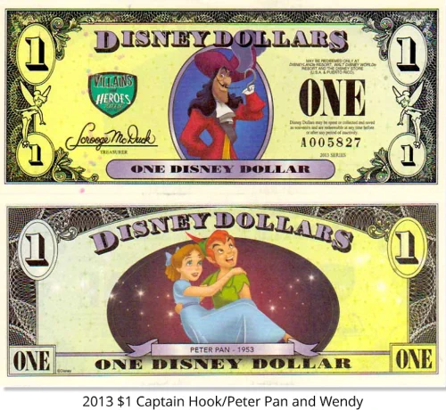 2013 $1 Captain Hook Disney Dollar