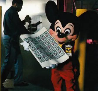 Mickey Mouse carrying the first sheet of 1987 Disney Dollars